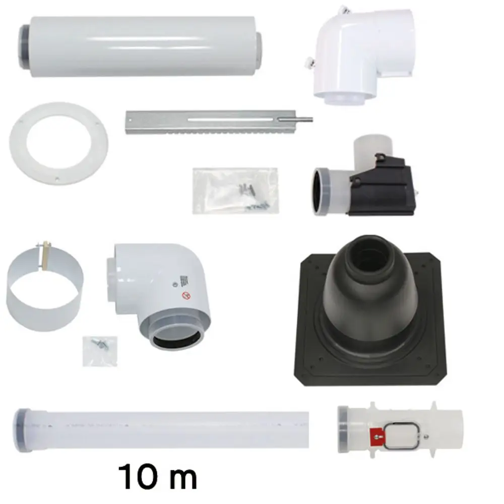 Vaillant Zubehörset für die Luft- und Abgasführung, bestehend aus verschiedenen Rohren, Bögen, einer Grundplatte und Montageelementen, angeordnet auf hellem Hintergrund.